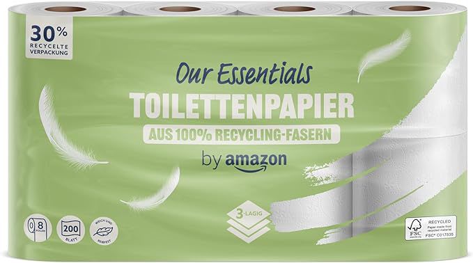 by Amazon ECO Toilettenpapier aus 100% Recycling-Fasern 3-lagig, 200 Blatt, Ohne Duft, 8 Rollen, 1er-Pack