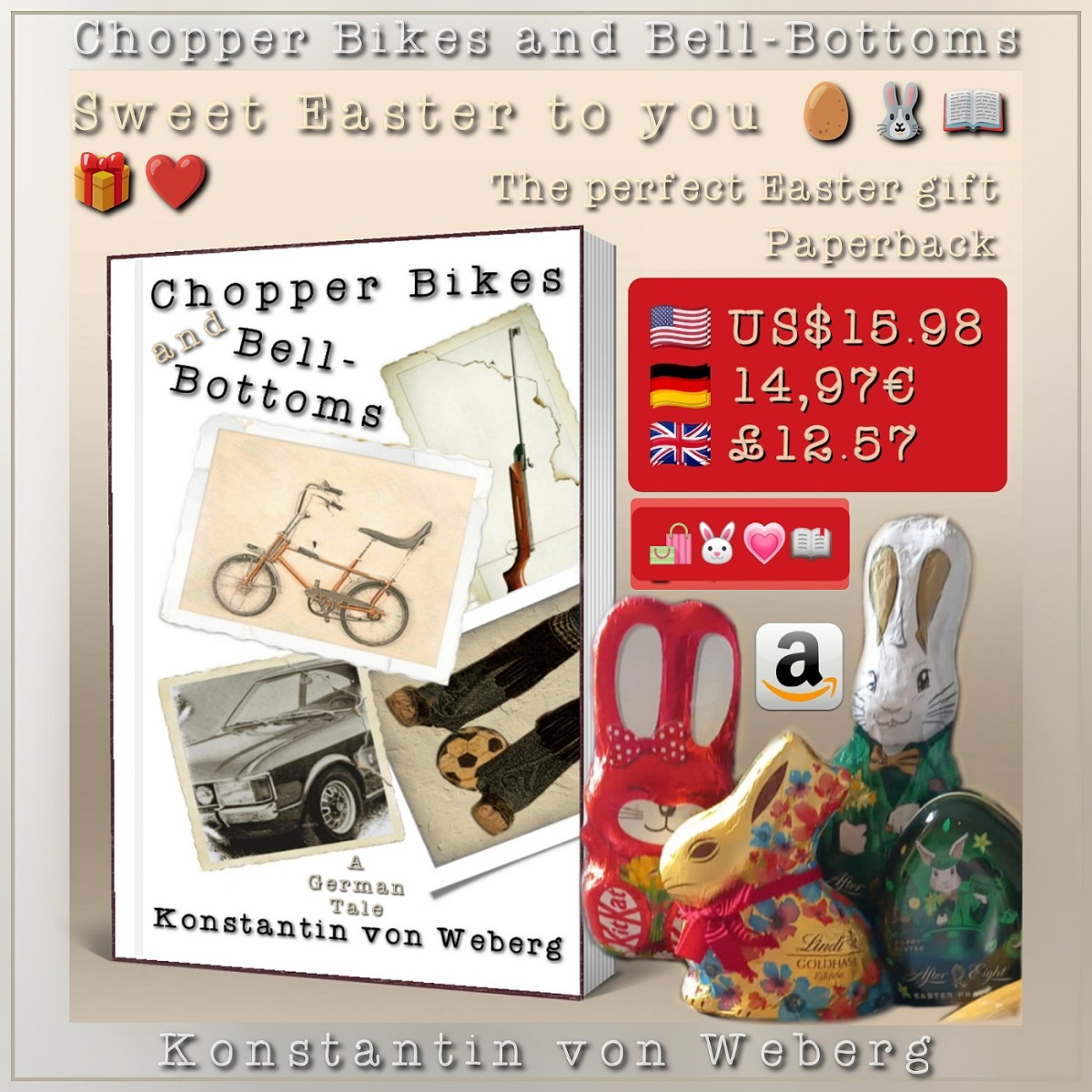 Only two weeks to go to Easter! Chopper Bikes and Bell-Bottoms •  The paperback as a  brilliant Easter gift. 🐇🛍️🎁📖❤️
